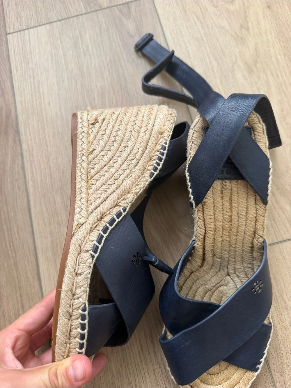 Tory Burch Navy Leather Crisscross Espadrille Wedges